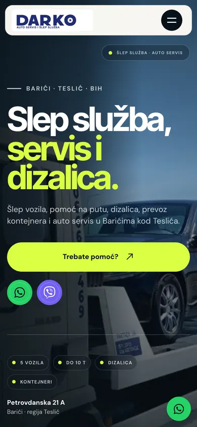 Šlep služba 0–24 — mobilni prikaz
