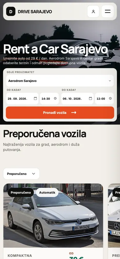 Rent a Car — mobilni prikaz